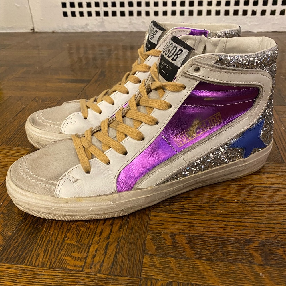 Golden Goose Slide Sneakers Metallic Purple Size 7.5